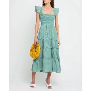 Kourt Calypso Chartreuse Green & White Stripe Tiered Maxi Cottagecore Dress SZ S